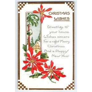 Vintage 1925 Christmas Wishes Postcard with Poinsettia & Winter Scene